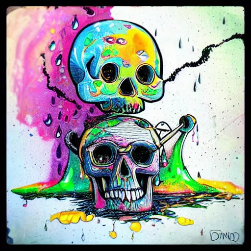 Image similar to drippy, dripping paint, skull, trippy, happy, miyazaki style, exaggerated accents