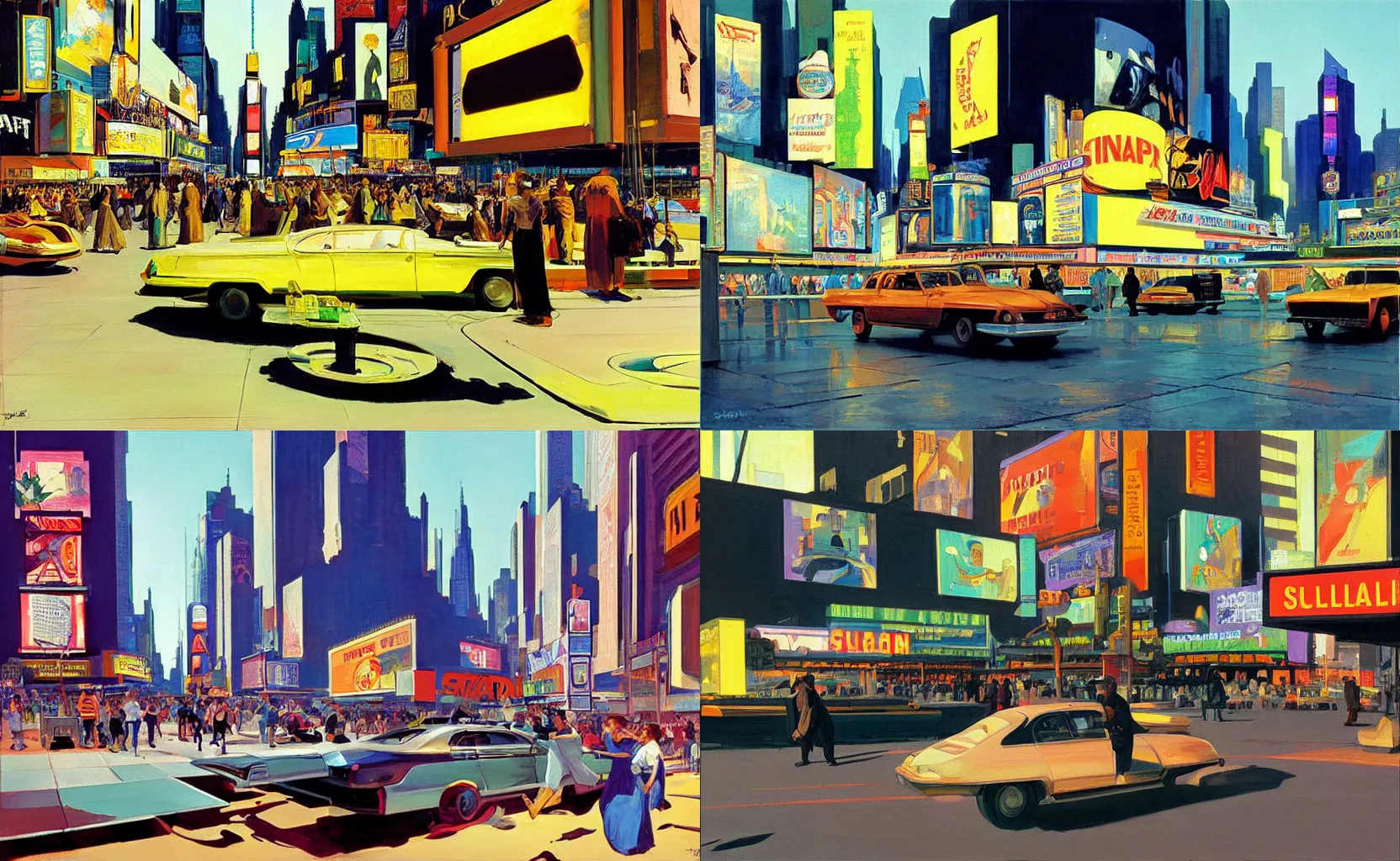 Prompt: solarpunk Times Square, painting by Syd Mead and Edward Hopper