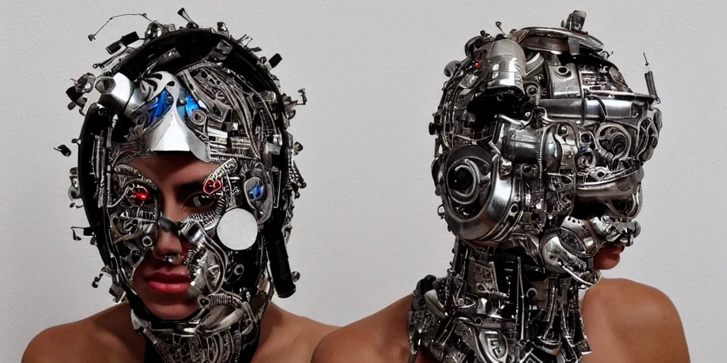 Prompt: a beautiful cyborg made of ceremonial music maske