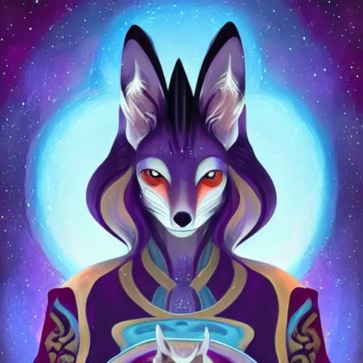 Prompt: a stylized painting for an avatar portrait of an awesome cosmic powerful anthropomorphic kitsune fox mage themed around death and the stars and the cosmos, in the style of dnd beyond avatar portraits, beautiful, artistic, elegant, lens flare, magical, lens flare, nature, realism, stylized, art by jeff easley