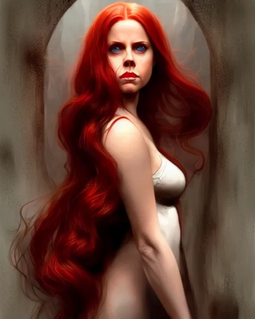 Image similar to style of marc simonetti : : gorgeous vampire amy adams : : sharp teeth fangs, open mouth sneer : : symmetrical face, symmetrical eyes : : gorgeous red hair : : magic lighting, low spacial lighting : :