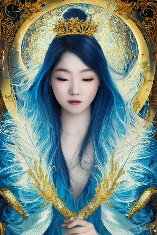 Image similar to a beautiful young Asian woman, Queen of the Sea Mu Yanling, long flowing white hair, blue and yellow robe with wide feather like quality, water flowing and floating around, young female face, liquid magic, cinematic top lighting, insanely detailed and intricate, face by wlop, Charlie Bowater, golden ratio, symmetrical proportions, elegant, ornate, luxury, elite, matte painting, MTG, magic the gathering, trending on artstation, cinematic, cgsociety, 8k, high resolution,