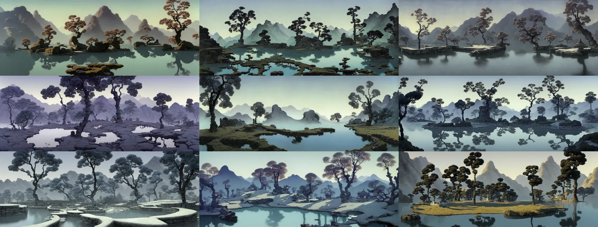 Prompt: a gorgeous bleak spring landscape painting by barlowe wayne maxfield parrish and marco mazzoni. tree no leaf, no flower!! sunny morning, china mountain village!! smoke curling up, grey blue and light verdancy. the lake ice is melting. the winding stone steps. ultra clear detailed. 3 d, octane render. chinese wuxia. 8 k