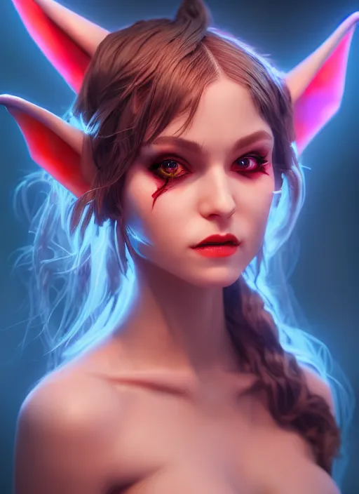 Image similar to imp demon goddess, cute elf ears, strapless dress, character portrait in the style of thomas river and artgerm, cinematic lighting, hyperdetailed, 8 k realistic, symmetrical, global illumination, radiant light,, frostbite 3 engine, cryengine, dof, trending on artstation, digital art, chanel