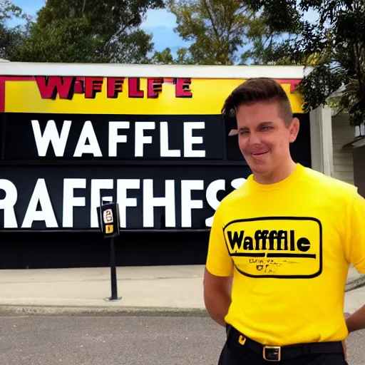 Image similar to wafflehouse employee's standing below wafflehouse sign, employees uniform is black and blue with yellow name tags