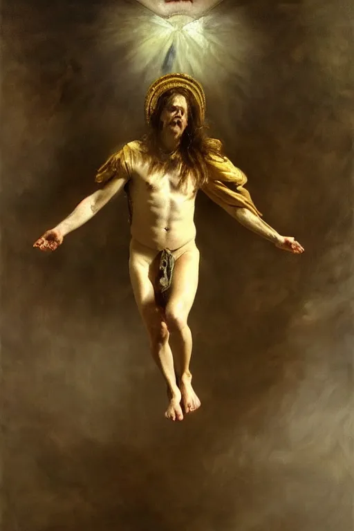 Image similar to beautiful detailed expressive impressionistic oil painting portrait of ancient roman god emperor steve buscemi levitating, ascending into the dark wearing the civic crown, renaissance painting, black background, art by anders zorn, wonderful masterpiece by greg rutkowski, expressive brush strokes, beautiful cinematic light, american romanticism by greg manchess, jessica rossier