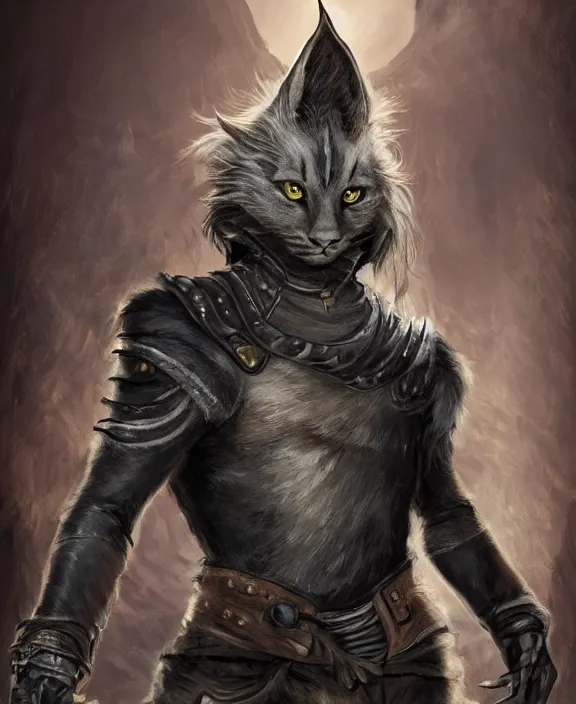 Image similar to humanoid male khajiit rogue with a scar on left eye, wearing leather armor with a hood, mainecoon cat features with jet black fur, far - mid shot, magic the gathering, fantasy