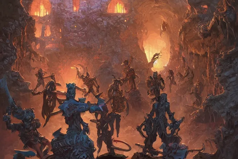 Image similar to point perspective dungeon tufted mills fantasy dungeon quest adjectivists are fighting a group of doom fighters,by artgerm and Craig Mullins, James Jean, Andrey Ryabovichev, Mark Simonetti and Peter Morbacher 16k