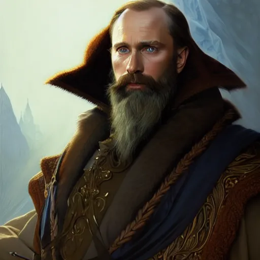 Image similar to Portrait of Putin with beard, D&D, blue eyes, face, fantasy, intricate, elegant, highly detailed, digital painting, artstation, concept art, smooth, sharp focus, illustration, art by artgerm and greg rutkowski and alphonse mucha