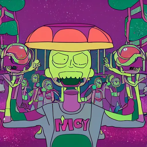 Image similar to illustration of alien macy's parade, in the style of rick and morty
