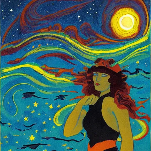 Image similar to spaceghost coast to coast by robert antoine pinchon. a beautiful print of a woman with long flowing hair, wild animals, & a dark, starry night sky.