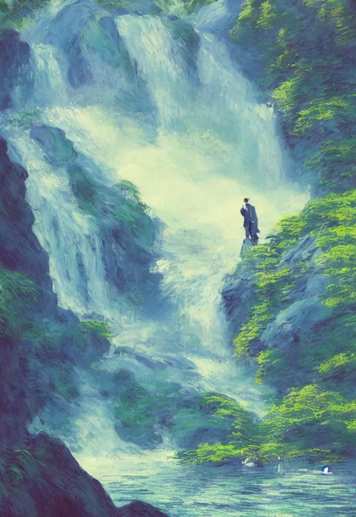 Prompt: tiny businessman in front of a japanese city in the mountain surrounded by waterfall. cyberpunk, boats flying. beautiful blue sky. gorgeous epic nature, lofi, vivid colors, amazing light, by jeremy lipkin, by claude monet, heavily inspired by makoto shinkai, inspired by ghibli, masterpiece, multiple brush strokes, impressionist style