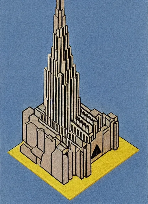 Image similar to isometric artdeco cathedral by frank lloyd wright, isometric, painted by piet mondrian in isometric from above