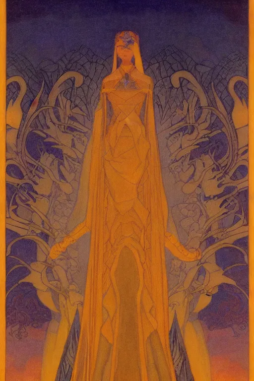 Prompt: lost queen of the night river with her scepter, by Nicholas Roerich and jean delville and Maxfield Parrish, dramatic cinematic lighting , ornate headdress , lost civilizations, extremely detailed