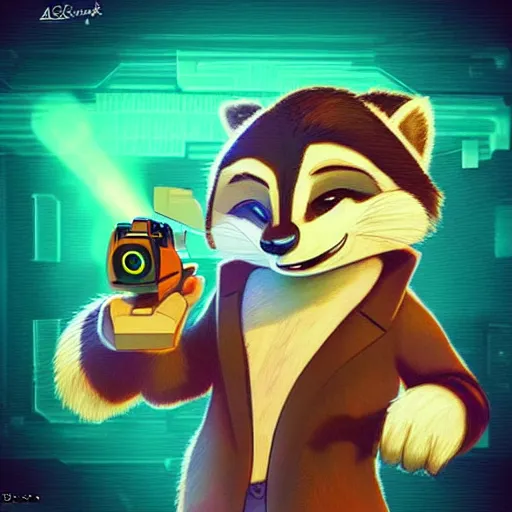 Prompt: “ racoon in the style of zootopia holding laser gun, floating alone, with a black background, digital art, award winning, trending on art station, retro style ”