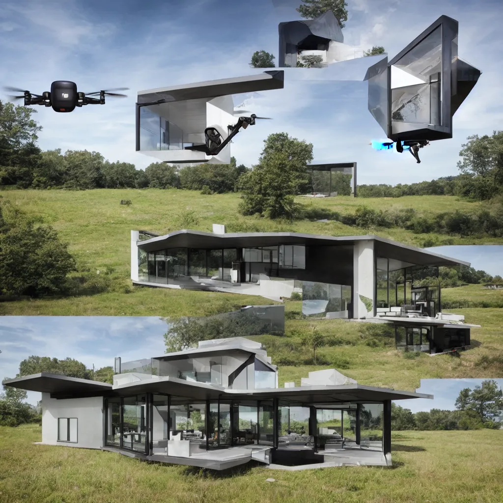 Image similar to hybrid modern home mixed with a drone, a drone home, hovering over a field