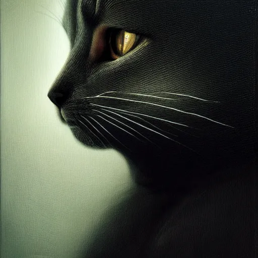 Image similar to a portrait of a kitten wearing a black hood, cloak covering face, anatomically correct, beautiful perfect face, enigmatic, oil painting, matte, black background, Volumetric dynamic lighting, Highly Detailed, Cinematic Lighting, Unreal Engine, 8k, HD, by Beksinski