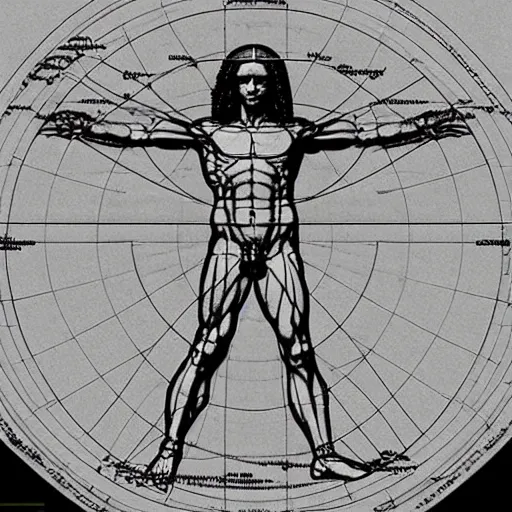 Prompt: 2 5 th century style da vinci's vitruvian man aliens 1 9 8 9 version, scientific schematics alien proportions on a circle, blueprint, hyperdetailed vector technical documents, callouts, archviz, legend, patent registry