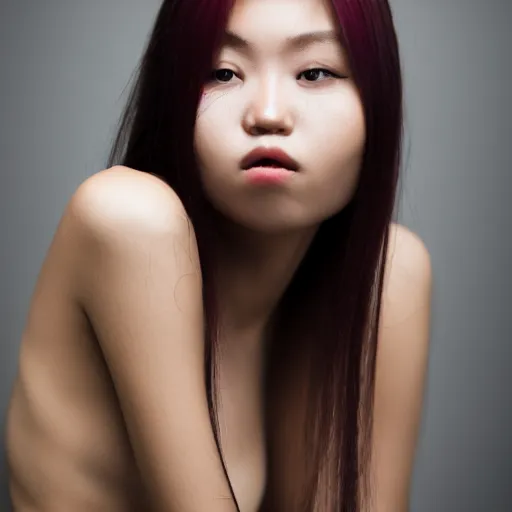 Image similar to a photo of slim girl, 2 0 yo, close - up, high detail, studio, smoke, sharp, red violet light, 8 5 mm sigma art lens