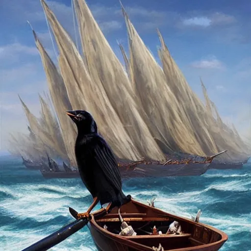 Prompt: a black bird standing at the helm of a wooden rowboat filled with dnd fighters sailing towards a ancient sailboat, painting by artgerm and Jeff Easley