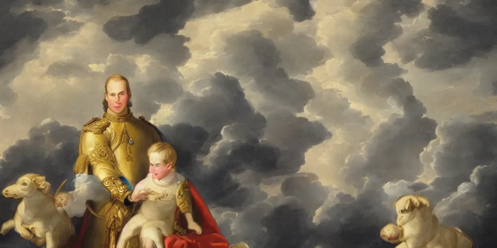 Prompt: painting of prince william, duke of cambridge with heavenly angels surrounding him with heavenly clouds in the background