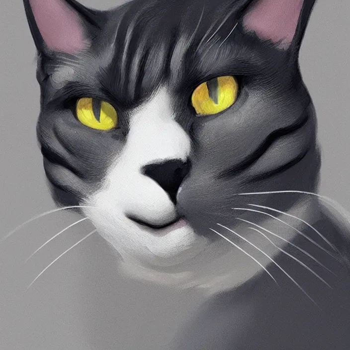 Image similar to profile face portrait of a cat shape like dog eating cakes in the cloisters, beautiful face, hyper realistic, highly detailed, digital painting, artstation, illustration, concept art by hyung tae and frank frazetta, digital paint, matte paint, washed colors, dark, gloomy