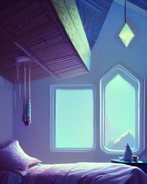 Image similar to beautiful painting of elven bedroom, art by mike winkelmann and by petros afshar, sky night, illustration, highly detailed, simple, smooth and clean vector curves, no jagged lines, vector art, smooth, artstation