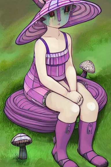 Prompt: a beautiful little girl wearing a mushroom hat sitting on her bed with a bunny in her lap | | purple hair with braids, pretty face, fine details, art by studio ghibli and jasper ejsing, trending on pixiv, anatomically correct