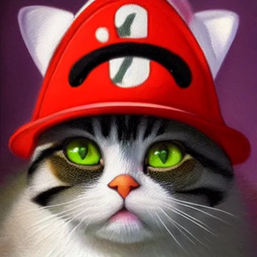 Image similar to A beautiful oil painting of a Kawaii Cat wearing a Super Mario Hat, art by old masters, volumetric lighting, photorealistic, highly detailed.