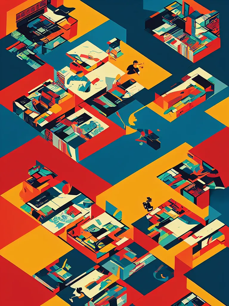 Image similar to editorial illustration book computer palette, dynamic composition, detailed, matte print, dynamic perspective, colorful modern, mads berg