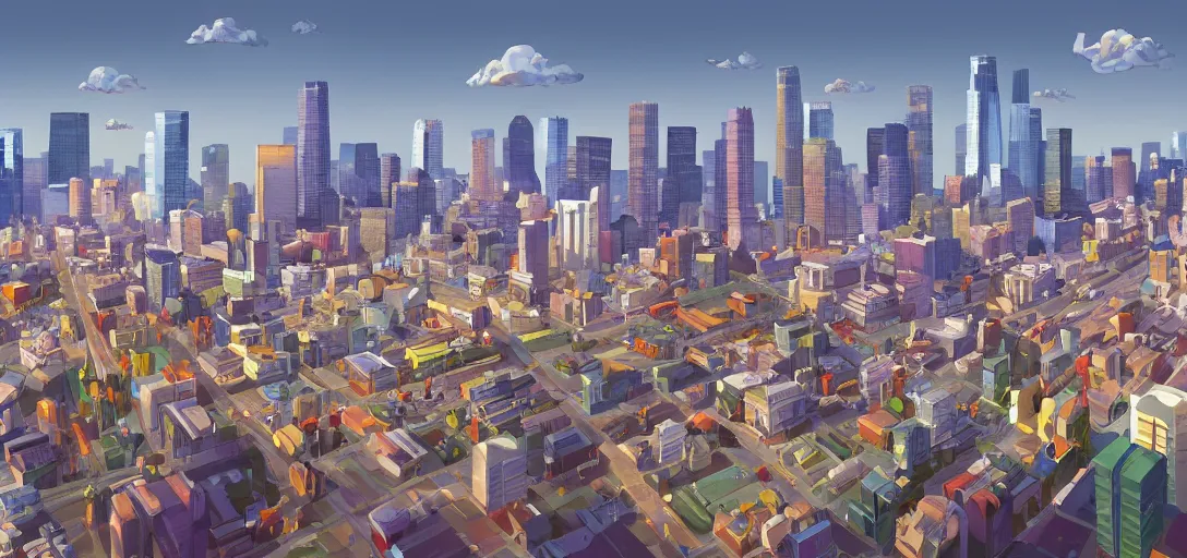 Image similar to visual development los angeles skyline cityscape, by dice tsutsumi, pixar disney dreamworks sony animation, photoshop, the art of books