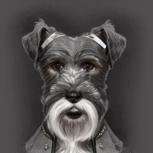 Image similar to portrait of stoic looking miniature schnauzer, military uniform, black fir, white eyebrows, fantasy, intricate, elegant, highly detailed, centered, dark, smokey, charcoal painting, digital painting, artstation, concept art, smooth, sharp focus, illustration, art by alphonse mucha