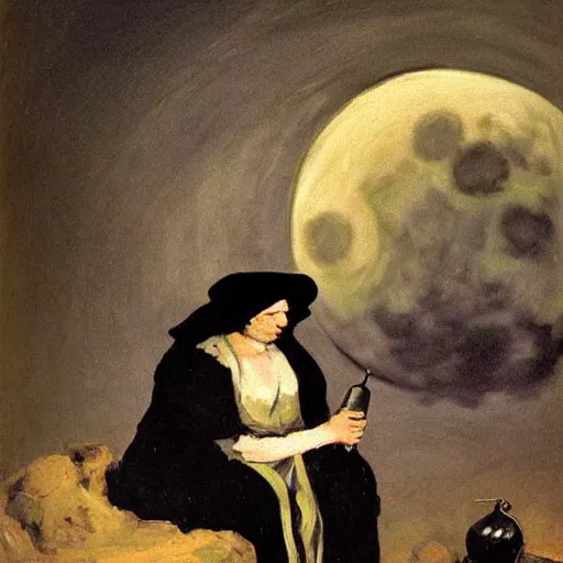 Prompt: An old wrinkled witch dressed in black making potions in her cauldron under the moon light. Oil painting by Francisco de Goya.