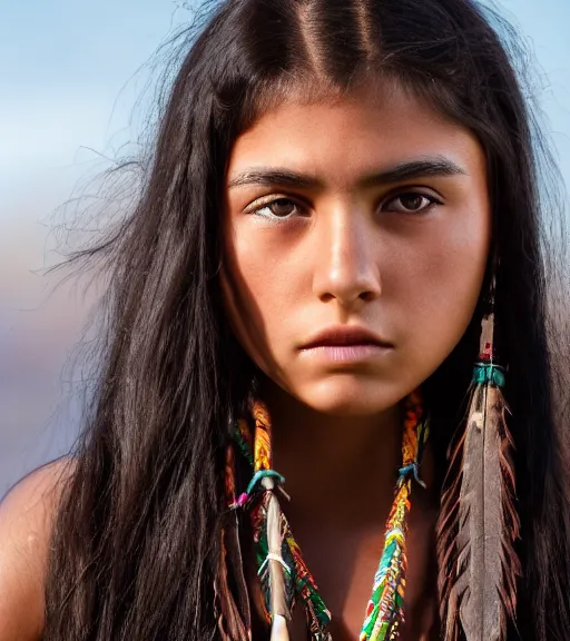 Image similar to professional, incredibly detailed headshot of a native american cherokee teenage girl with dark hair, beautiful eyes, a rebellious look, choppy hair, symmetrical features, realistic 8 k professional photography, midday lighting, defiant, octane, volumetric lighting, 7 0 mm, beautiful