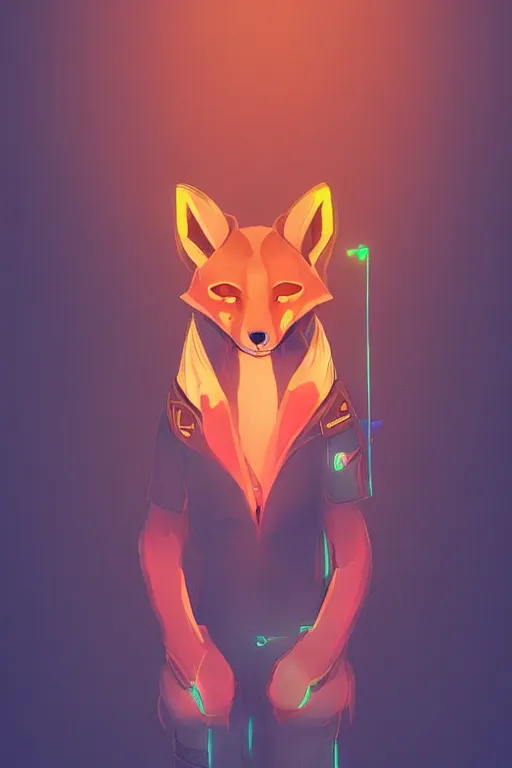 Prompt: a fox fursona, trending on artstation, by kawacy, furry art, digital art, cyberpunk, high quality, neon backlighting