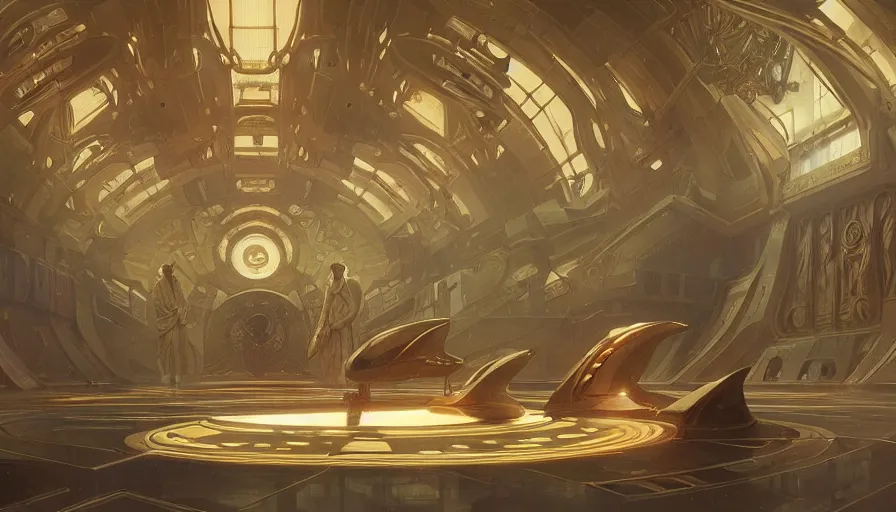 Prompt: a religious scifi room, focus on a floating platform in the center of the room, symmetrical shot, center framing, elegant, cinematic shot, intricate digital painting artstation concept art smooth sharp focus illustration, art by artgerm and greg rutkowski and alphonse mucha