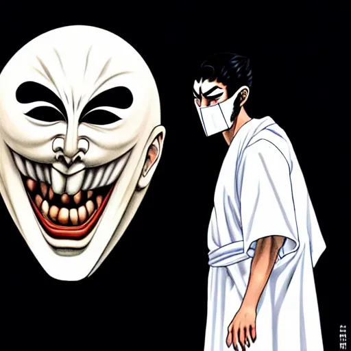 Image similar to A man wearing white robes with a seriousGreek theater mask, white robes, serious mask, theater mask, greek mask, ancient greece, neutral, muscular figure, manga art, manga, Junji Ito, Junji Ito artwork, Ito Junji art, 4k