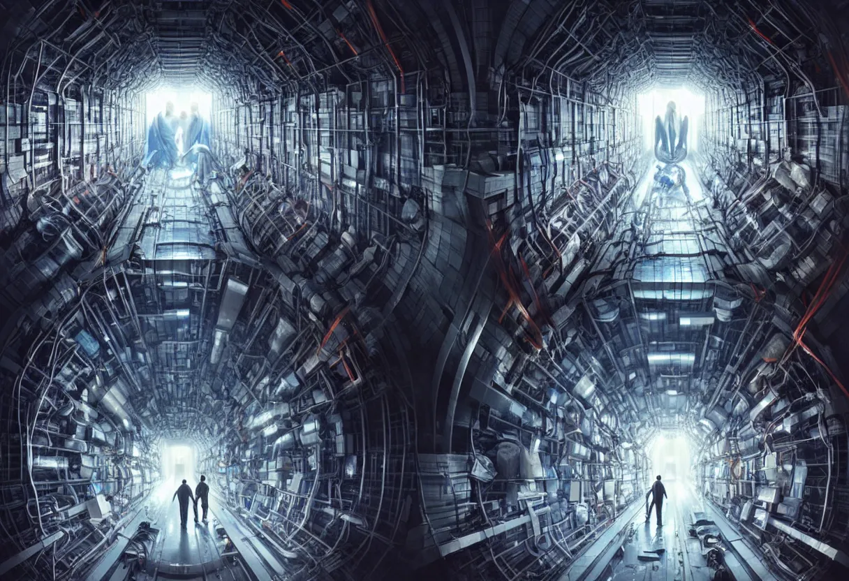 Image similar to man trapped inside cern large hadron collider, his body getting pulled apart by particle collision, ultra high definition, ultra detailed, symmetry, matte painting, by greg rutkowski and ross tran and wlop