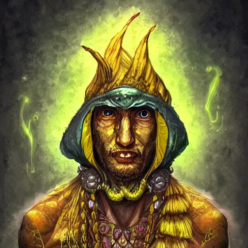 Image similar to portrait of yellow lizard priest, shaman, cult attire, antropomorphic, fantasy digital art, art station