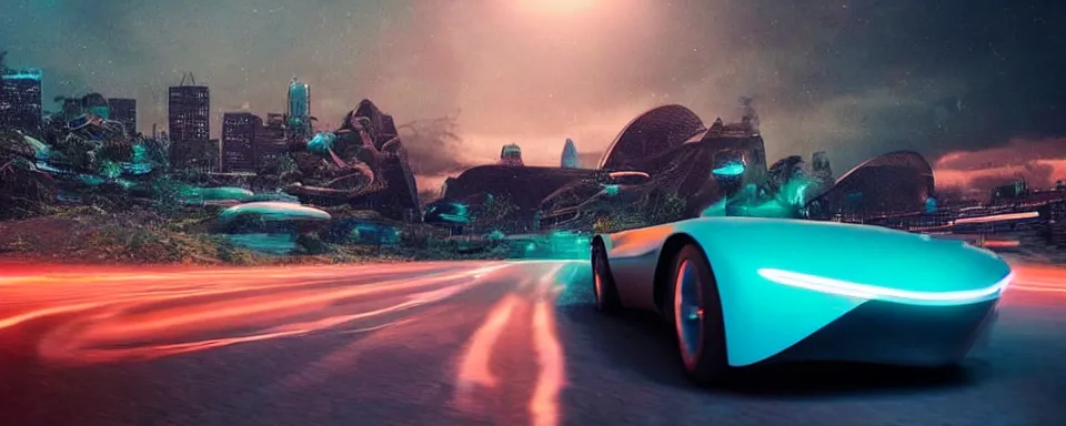 Image similar to futuristic sci - fi vehicles on roads, driving, cinematic, realistic, hd, shallow depth of field, teal and orange colour grading