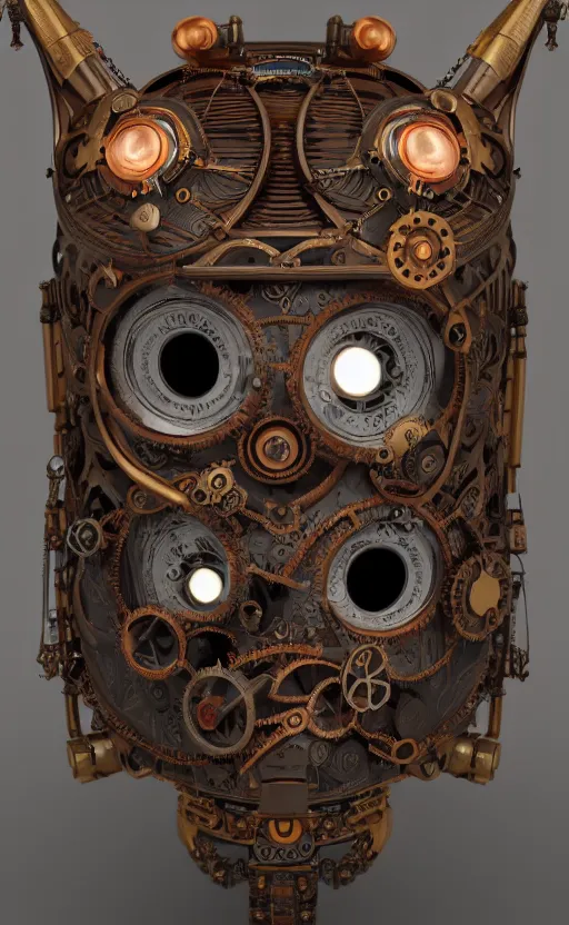 Image similar to steampunk tribal mask, robot, owl, japanese pottery, vivid colors, wood, metal, intricate details, trending on cgsociety, concept art, glowing eyes, sharp focus, ultra realistic details, cinematic atmosphere, global illumination, shadows, octane render, 8 k