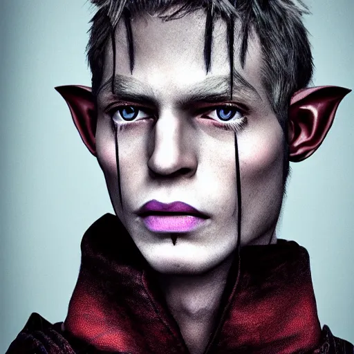 Prompt: vogue magazine head and shoulders portrait photo of a male drow elf wizard