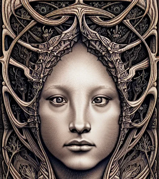 Prompt: detailed realistic beautiful lizard goddess face portrait by jean delville, gustave dore, iris van herpen and marco mazzoni, art forms of nature by ernst haeckel, art nouveau, symbolist, visionary, gothic, neo - gothic, pre - raphaelite, fractal lace, intricate alien botanicals, ai biodiversity, surreality, hyperdetailed ultrasharp octane render