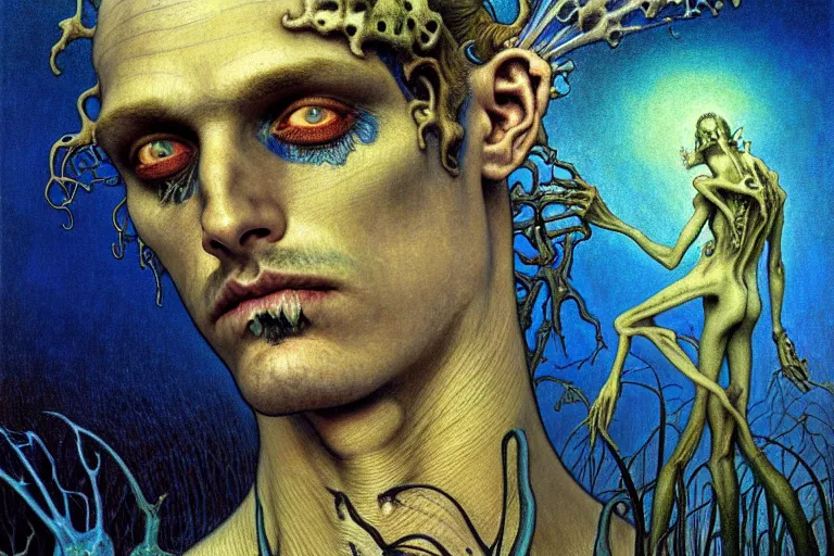 Image similar to realistic detailed portrait painting of a beautiful male zombie, nightly graveyard landscape background by Jean Delville, Amano, Yves Tanguy, Alphonse Mucha, Ernst Haeckel, Edward Robert Hughes, Roger Dean, masterpiece, cinematic composition, dramatic pose, 4k details, rich moody colours, blue eyes