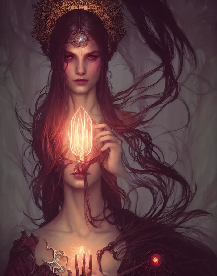 Image similar to Necromancer Sorceress, fantasy magic, undercut hairstyle, dark light night, intricate, elegant, sharp focus, illustration, highly detailed, digital painting, concept art, matte, art by WLOP and Artgerm and Greg Rutkowski and Alphonse Mucha, masterpiece