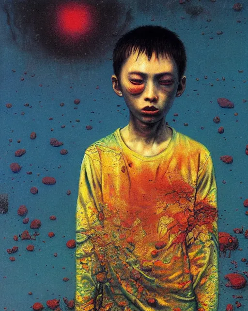 Image similar to 8k professional photo of an 8 years old boy standing in front of a computer from 90s monitor screen, Beksinski impasto painting, part by Adrian Ghenie and Gerhard Richter. art by Takato Yamamoto, masterpiece