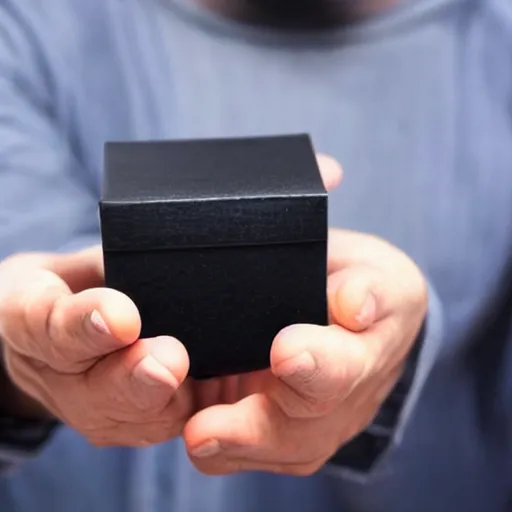 Image similar to a man holding out a small black box that contains his consciousness