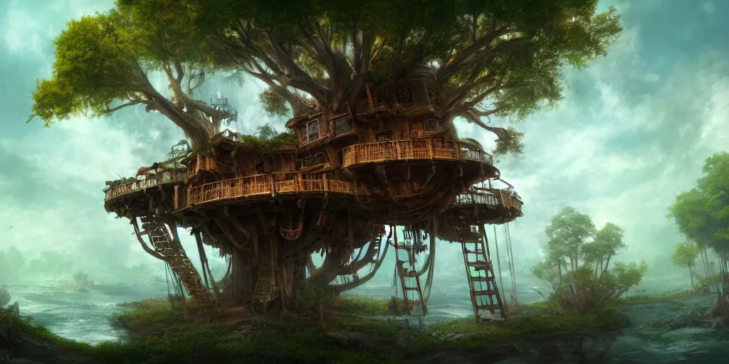 Image similar to A treehouse made out of a derelict pirate ship, the treetops of giant oaks, game art matte painting hyperdetailed, artstation, cgsociety, 8k, surreal dream landscape