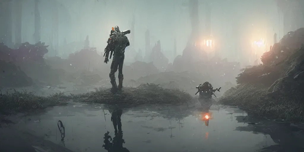 Image similar to scifi soldier with wolf head in heavy armor, forbidden west, liminal space around, puddles of water, by simon stalenhag, by ian pesty and alena aenami and makoto shinkai, concept art, matte painting, washed colors,