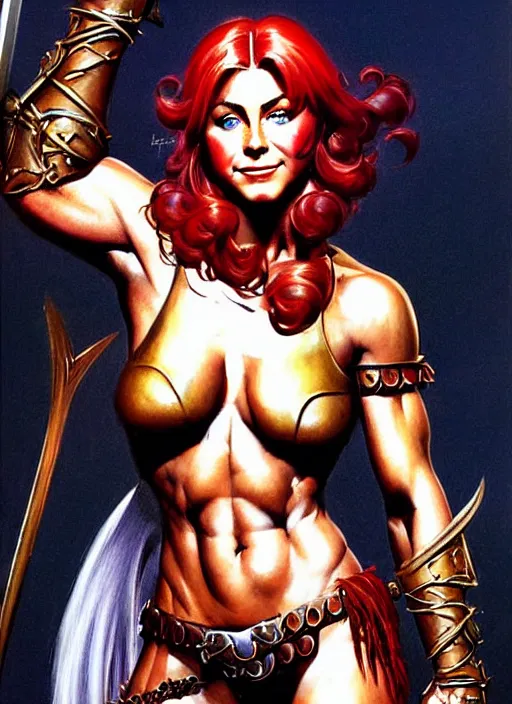 Prompt: a stunning medium shot portrait of julianne hough as a red sonja, digital art by frank frazetta and boris vallejo and julie bell and moebius, highly detailed, trending on artstation, hq